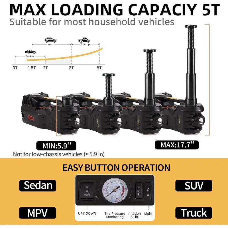 طقم جاك السيارة الهيدروليكية الكهربائية 5 طن 12 فولت نطاق الرفع المحمول 17.7 بوصة مع مفتاح ربط الصدمات ومضخة نفخ الإطارات