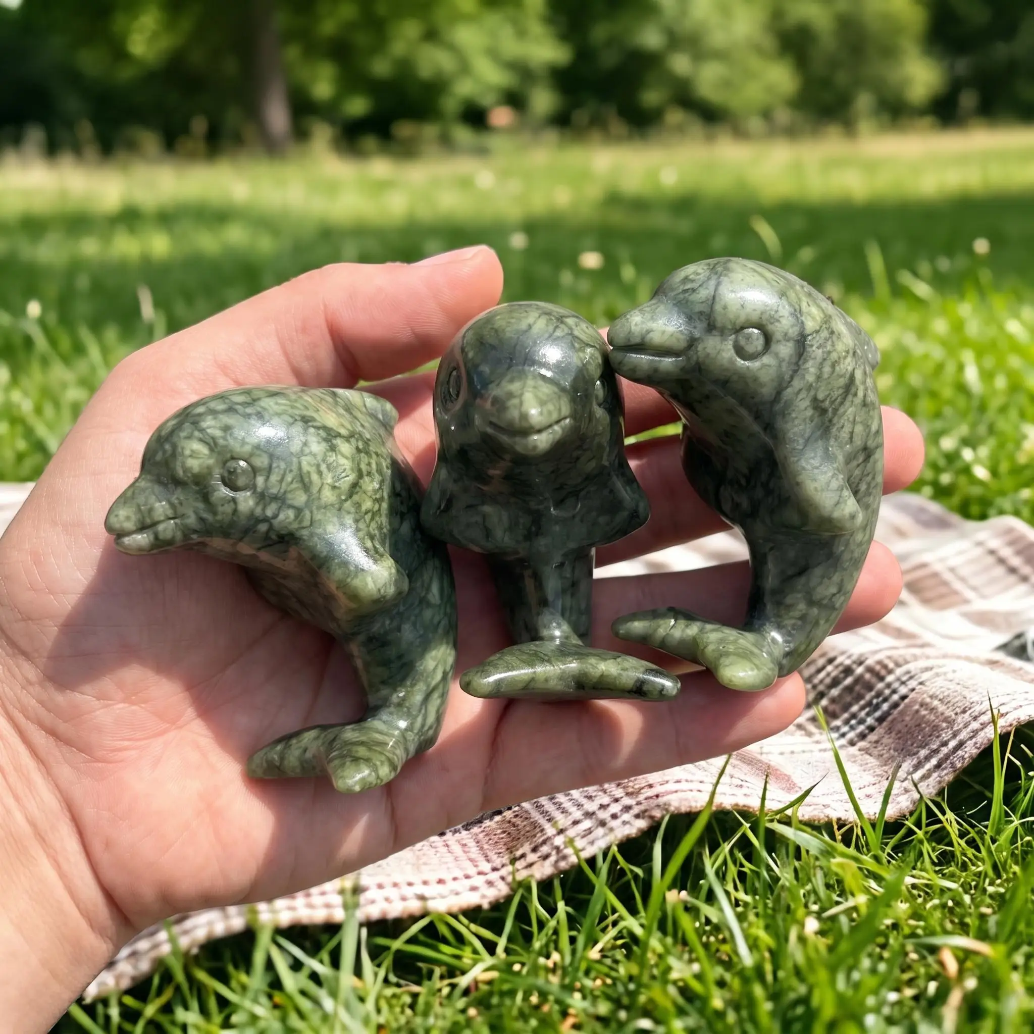 Natural Xiuyan Jade Standing dolphin Carving, Crystal Animal Figurine