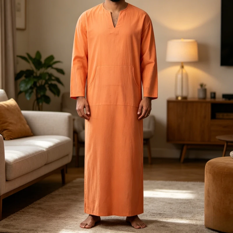 Men's Cotton Linen Jubba Thobe Half Sleeve Loose Fit Islamic Robe Casual Long Shirt Moroccan Man Comfortable Thawb Islamic Abaya
