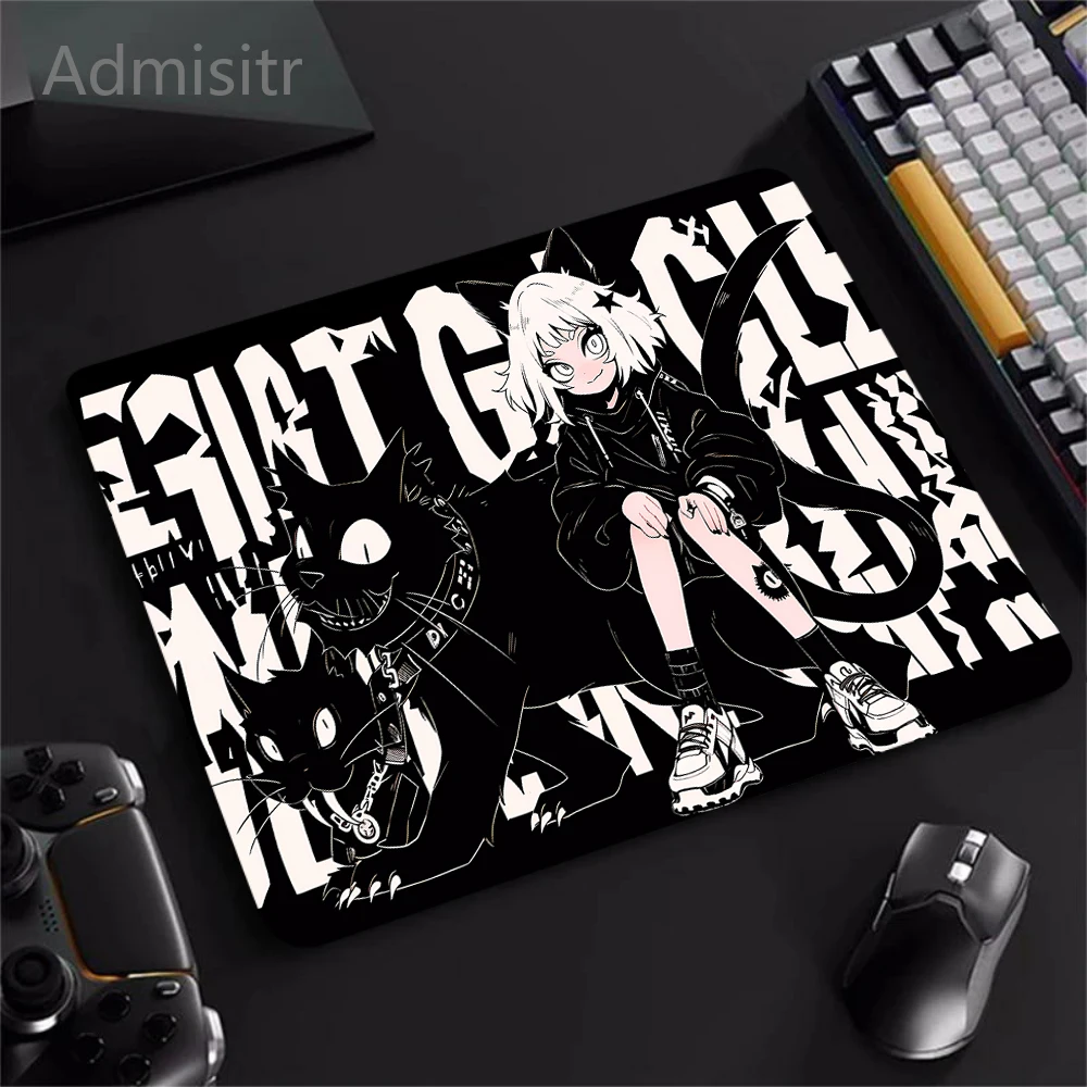 Anime Girl and Cat Control Mousepad Gaming Speed Keyboard Pads Mouse Pad XXL Rubber Carpet Locked Edge Mouse Mat 40x45 Desk Mat