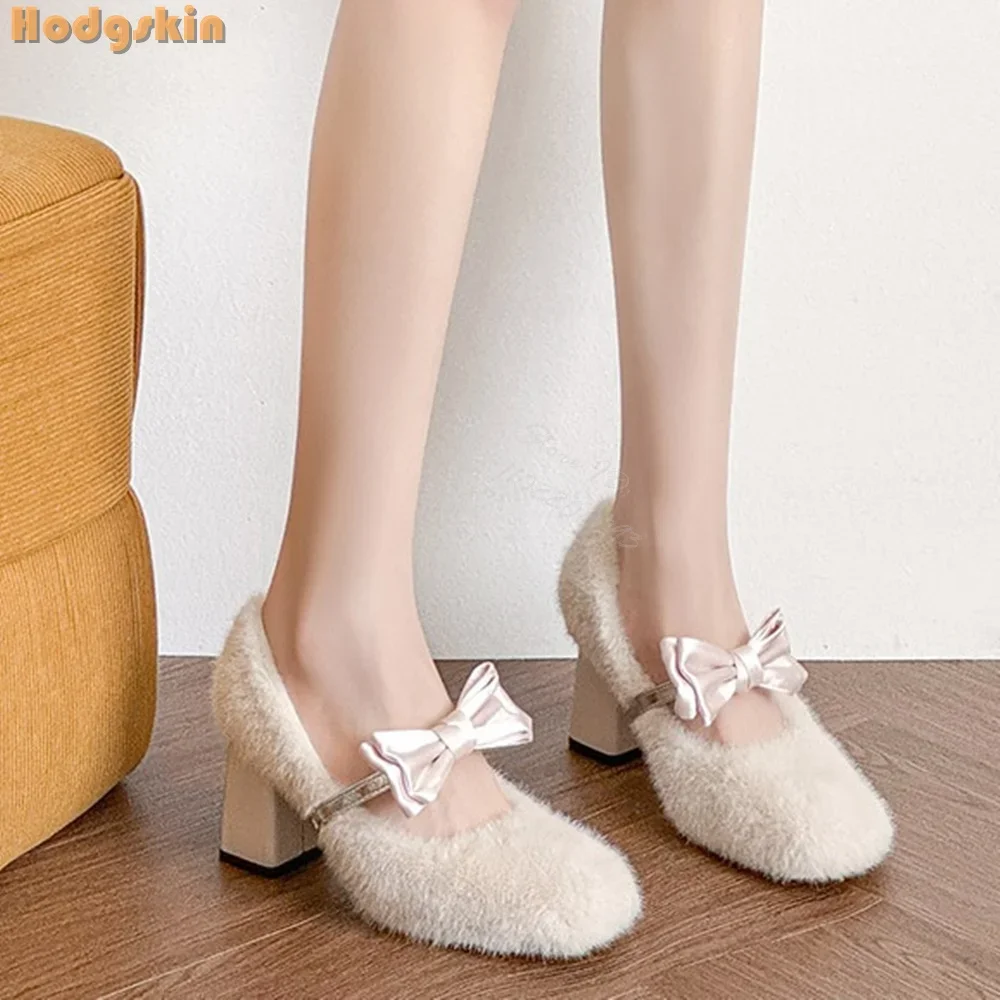 

Sweet Butterfly-knot Strappy Pumps Faux Fur Round Toe Shallow Chunky Heels Mary Janes 2025 Winter Warm Dress Shoes French Style