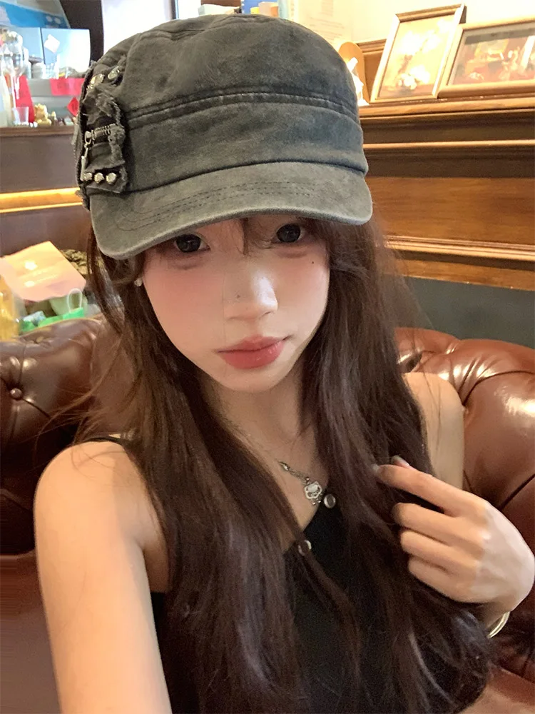 Street Style American Spicy Girl Rivet Zipper Flat Top Women's Hat Y2K Retro Cool Duckbill Cap for Teenage Shopping