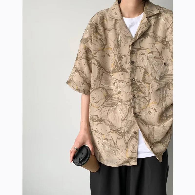 

Hong Kong style retro lazy style line short-sleeved shirt boys summer Japanese ruffian handsome relaxed ice silk loose shirt