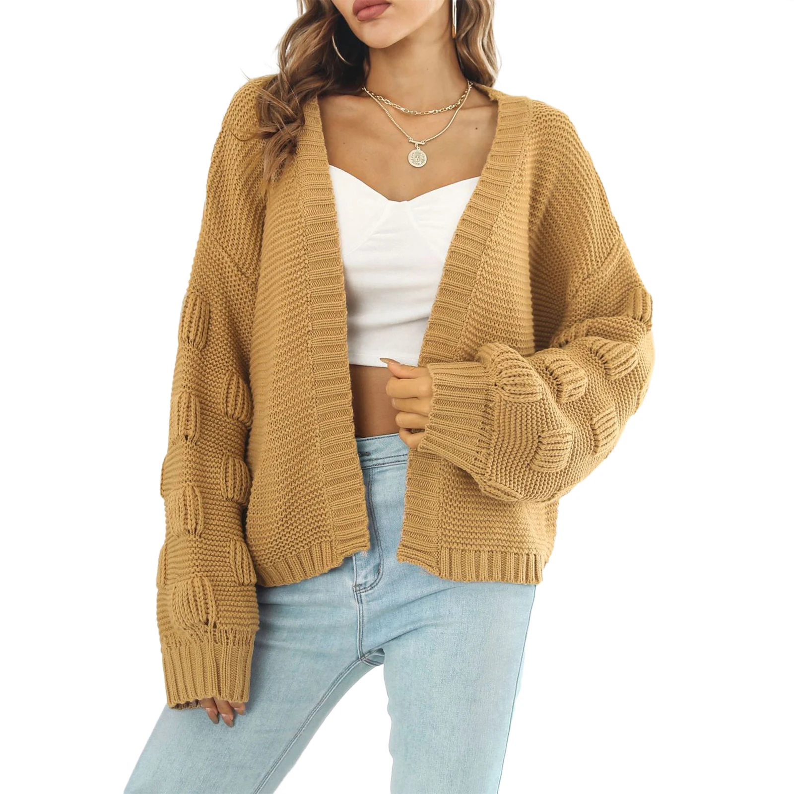 

Women's Fashion Open Front Cardigan Solid Color Long Lantern Sleeve Sweater Fall Winter Casual Soft Knitwear Coat