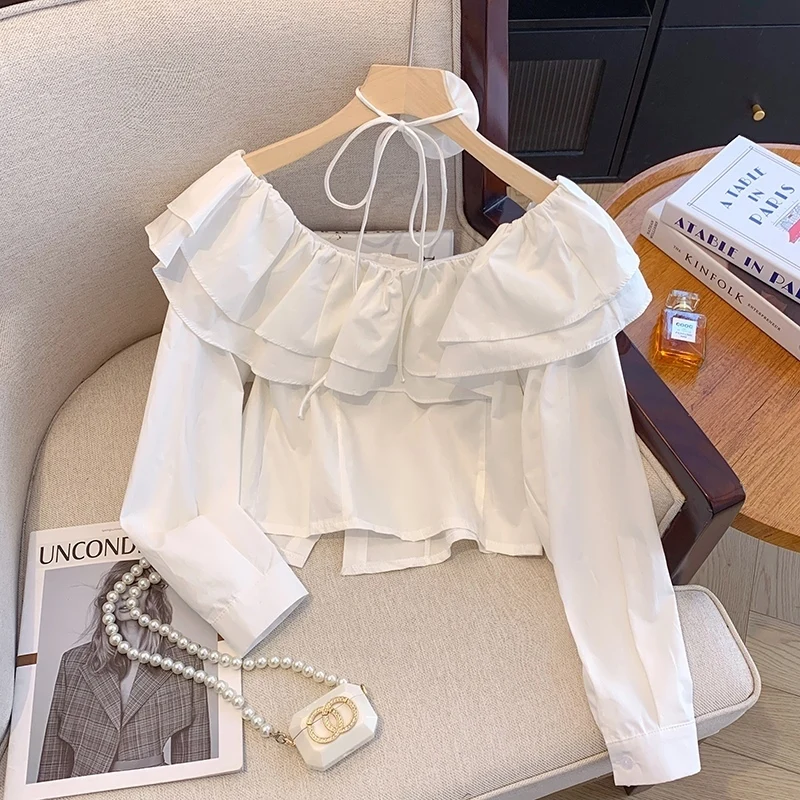 [Vibe] Nova bandagem feminina flor design enrugado borda chiffon camisa 2025 primavera moda mangas compridas blusa feminina