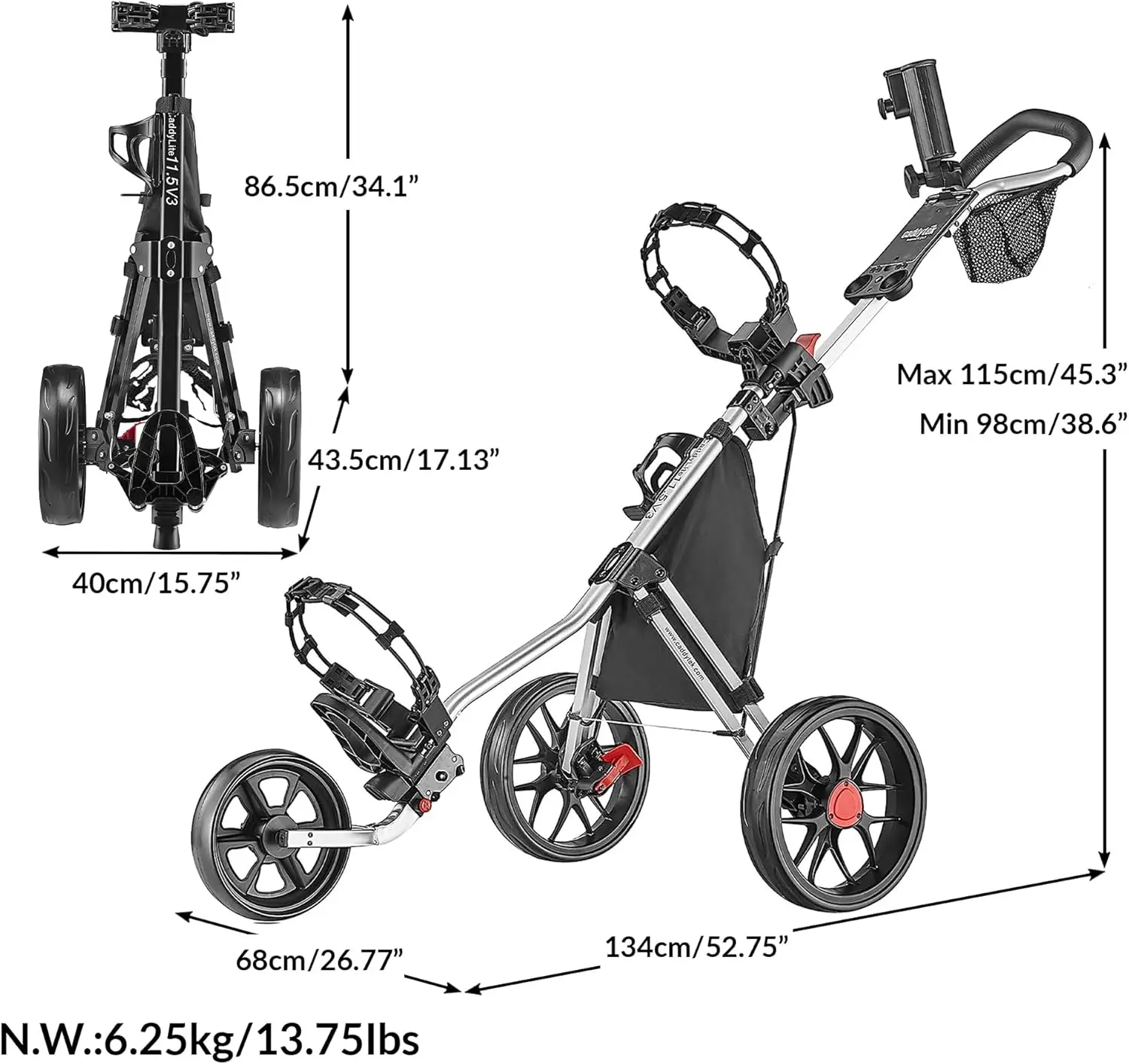 11.5 V3 3 Wheel Golf Push Cart - Deluxe, Lightweight, Easy To Fold Caddy Cart Pushcart