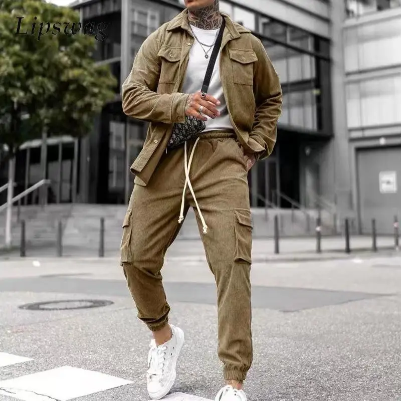 

2024 New Arrivals Mens Outfits Hip Hop Corduroy Cargo Shirt And Cargo Pants Two Piece Suits Men Y2K Clothing Men's Sets Vintage