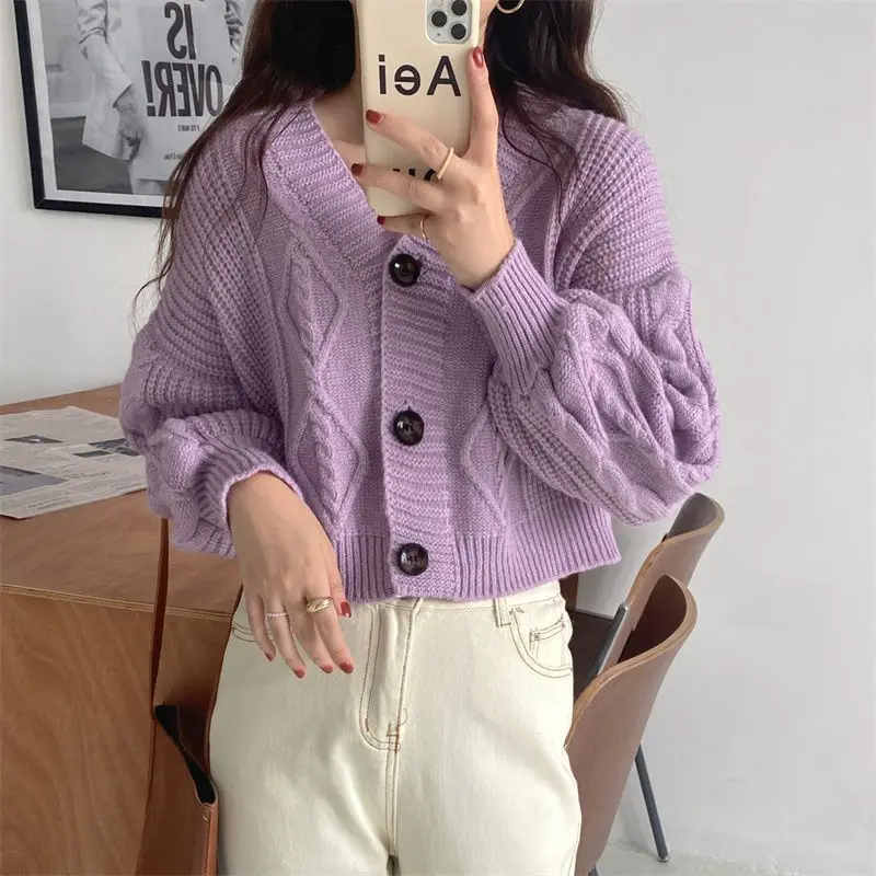 Rimocy V Neck Cropped Cardigan Women Long Sleeve Twist Knitted Sweater Coats Woman Korean Fashion Solid Color Button Up Cardigan