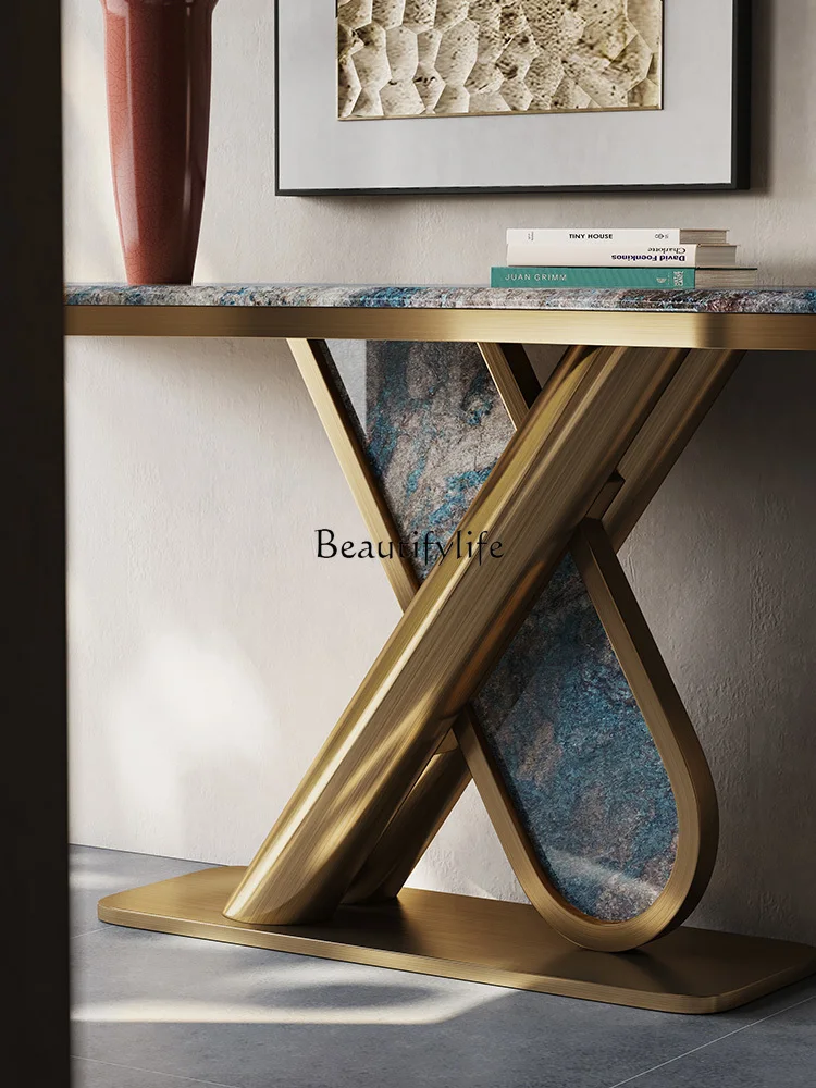Marble Entryway Table Stainless Steel Integrated Wall-Mounted Console Light Luxury Entryway Table