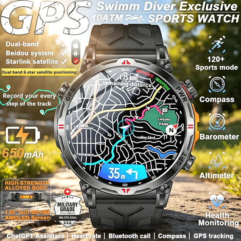 

Military Sports Smartwatch Men GPS Positioning 650mAh HD Call 1.56-inch AMOLED Screen Compass 5ATM Waterproof Smart Watch Man