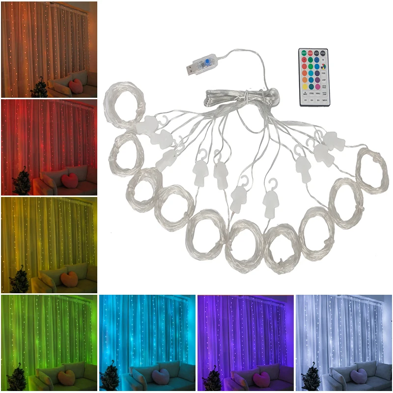 Curtain LED String Garland Lights 16 Colors Remote Multi Modes With Hooks Light Home LED For Christmas New Year Lighting Decor