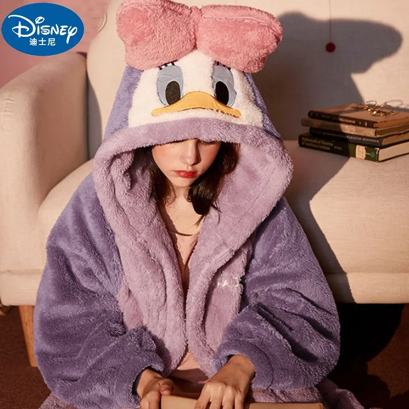 Disney Snow White Donald Duck Nightgown Winter Flannel Hooded Sleep Blouse Female Anime Warm Cute Kawaii Thicker Chic Robes Sets