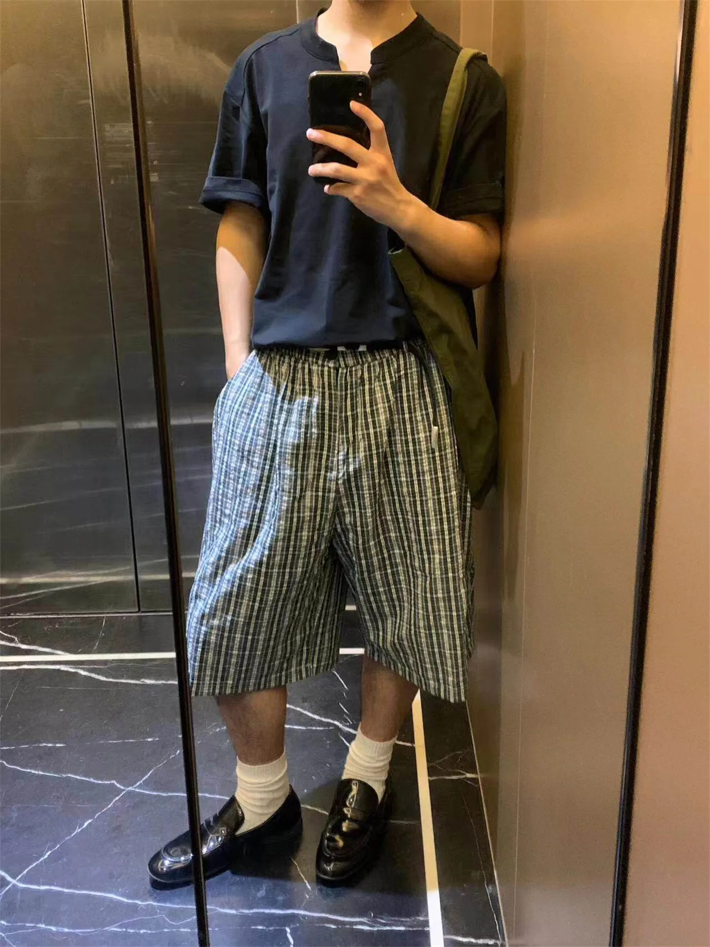 Loose Fit Men's Summer Thin Straight Leg Casual Pants Green Blue Plaid Wide Leg Seven-Foot Trousers Vintage American Style
