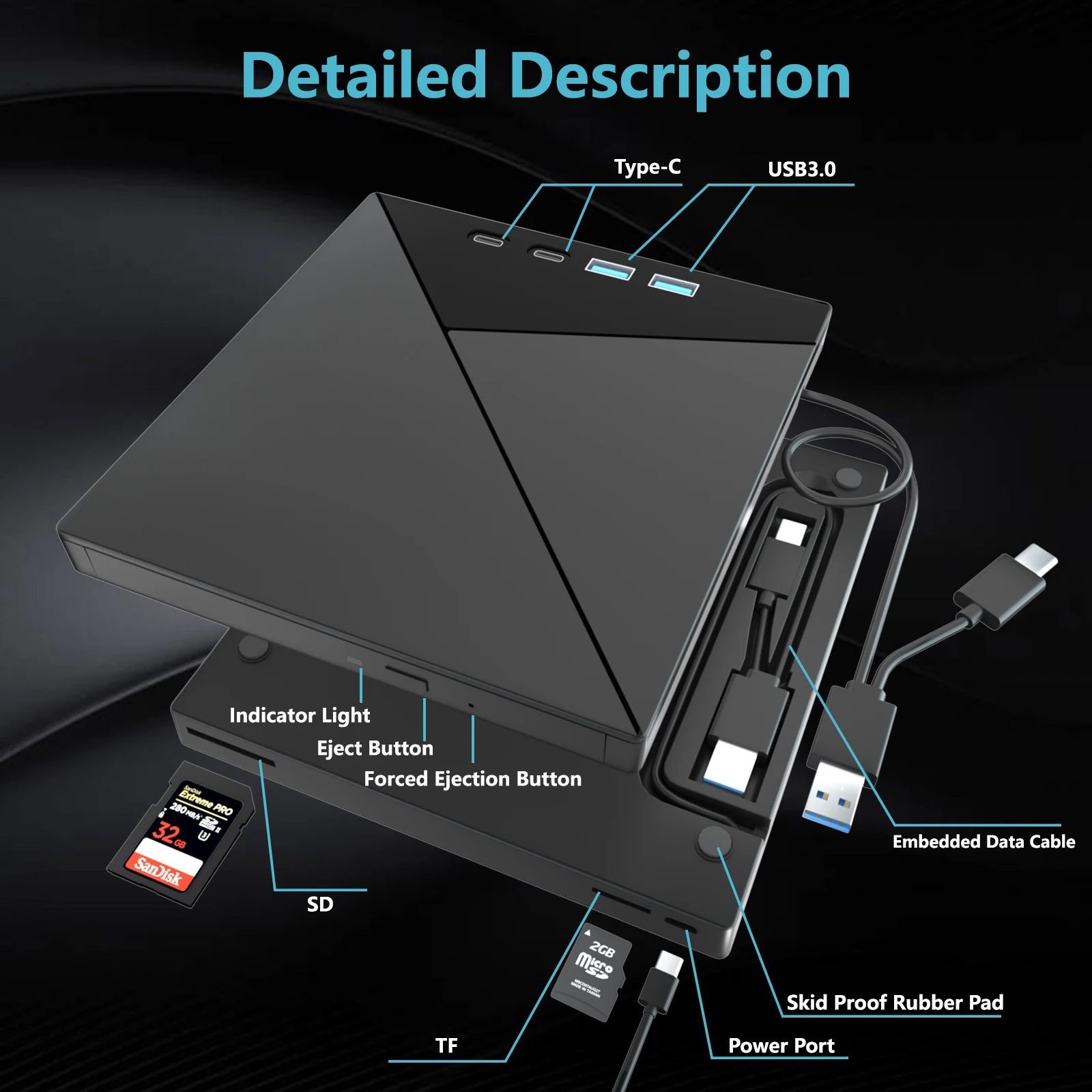 4K 7-in-1 Multifunction Blue-ray 3D cd Dvd Bd Optical Drive cd Dvd Bd Player Writer burner with 4k Camera USB 3.0