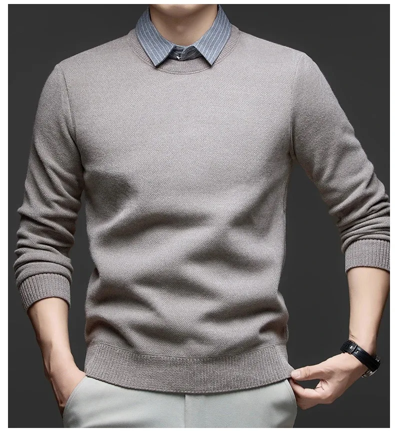 Hochwertiger, warmer Plüsch-Strickpullover für Herren, Herbst-Winter-Komfort, lässige Mode, gefälschter zweiteiliger gestreifter Hemdkragen-Pullover – Detail 10