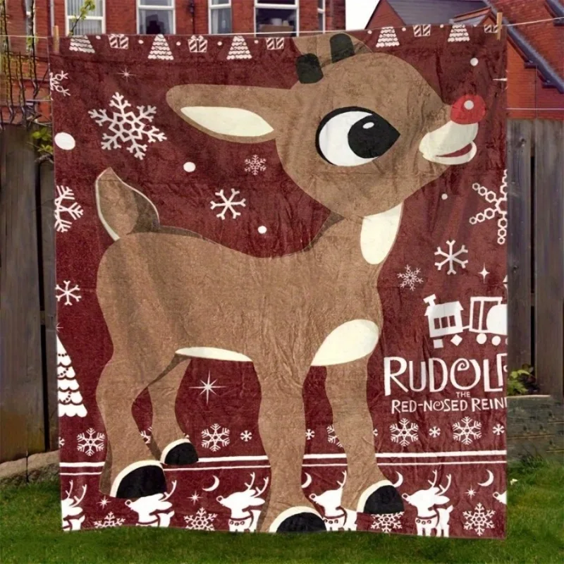 Rudolph Red-Nosed Deer Flannel Blanket Digital Print Year-Round Comfortable Knitted Polyester Festive Christmas Deer Design