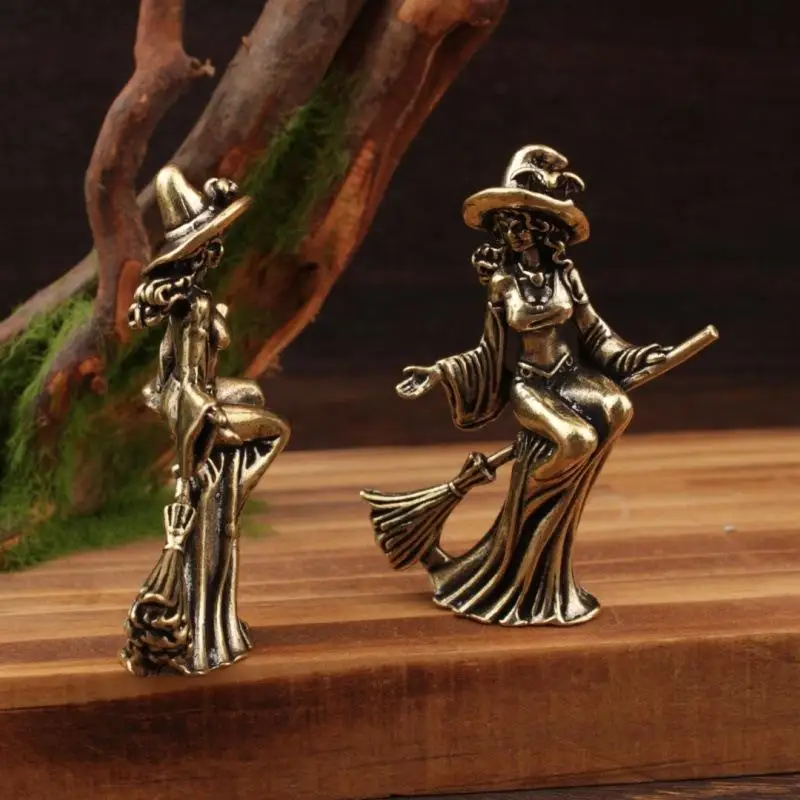 �� Vintage Messingfigur Hexe auf Besen, Magische Mondhexen-Dekoration, Heimdekorations-Statue – Detail 5