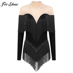 Women Latin Dance Cha-cha Samba Rumba Skating Performance Costume Long Sleeve Rhinestones Tassel Dress Or Bodysuit Dancewear