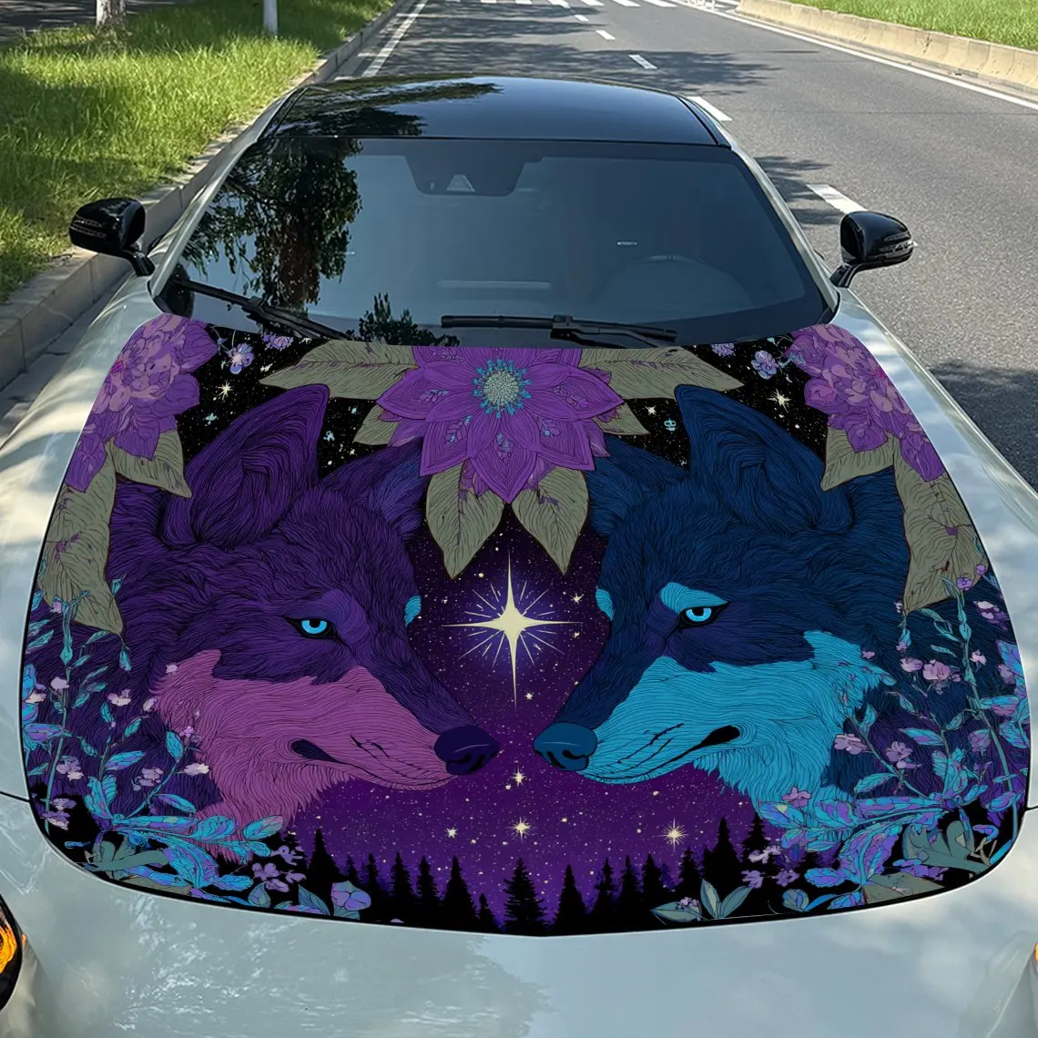 Dreamy Purple - Hued Star - Cluster Twin Wolves Pattern car hood stickers, waterproof self-adhesive, scratch resistant, easy to