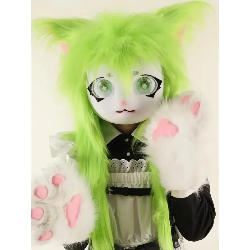 Grigio Animale Peloso Fursuit Taglio Carino Volpe Testa di Gatto Maschera Halloween Masquerade Costume Cosplay Puntelli hjk.5