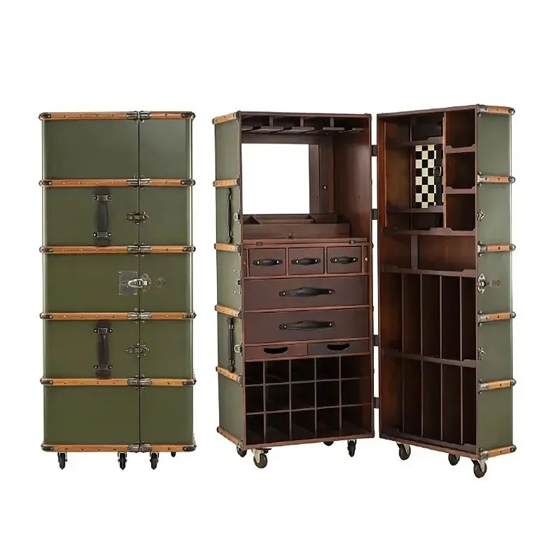 *Italian Light Luxury Movable Wine Cabinet  High  End Style Solid Wood Designer for Villa Luxury Locker with Vintage Suitcase Re