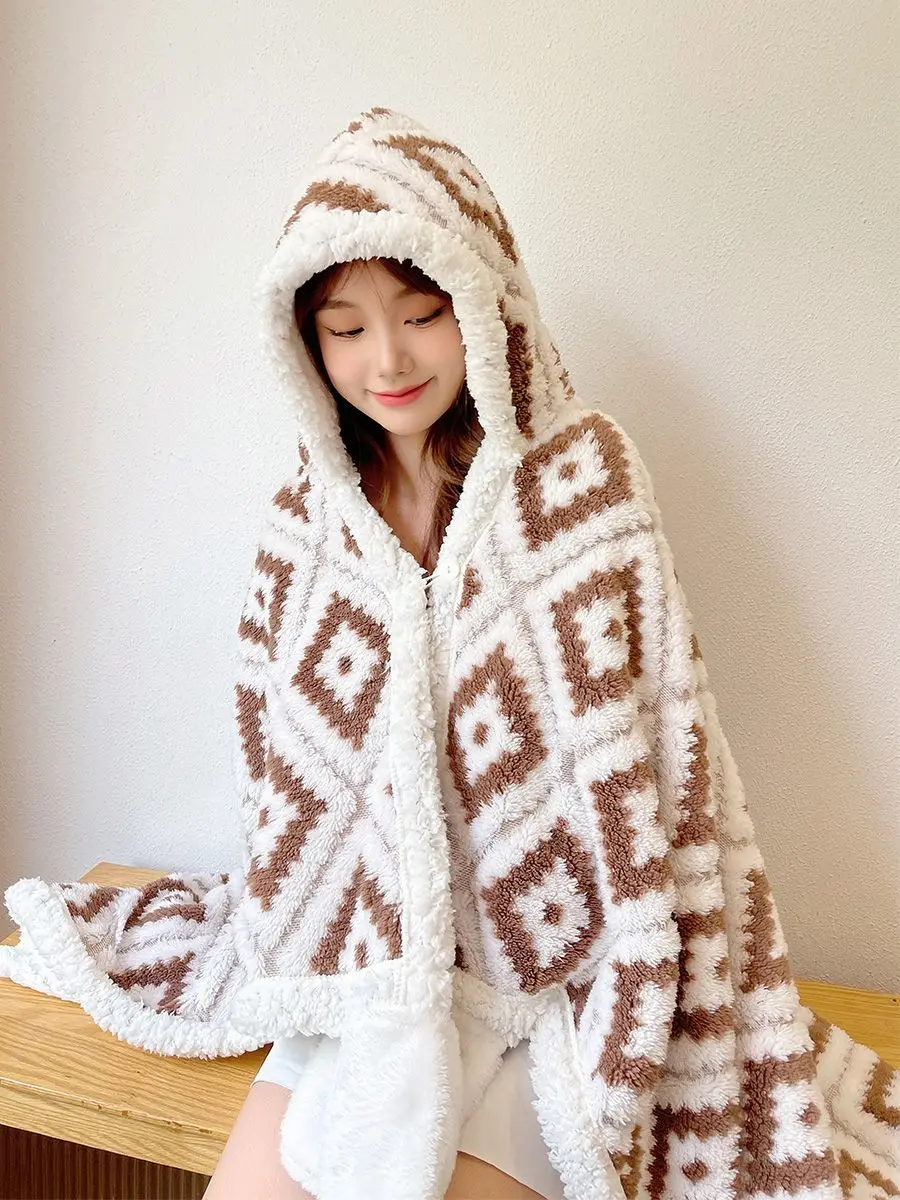 Ins Bohemia Blanket Flannel Cloak Hooded With Hat Wearable Winter Warm Women Home Cosplay