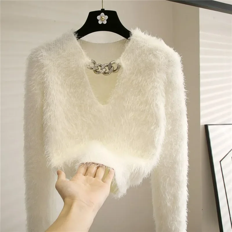 Solid Color Sweater Pullover Women's Autumn 2024 New Hollow Out Chain Niche Winter Outer Wear Short Knitted Long-sleeved Top