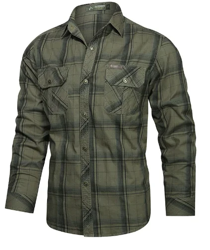 MAIDANGDI Men's Checkered Shirt with Inner  Outer Workwear Style Top Slim Fit Pure Cotton Long Sleeved Jacket  Plus Size