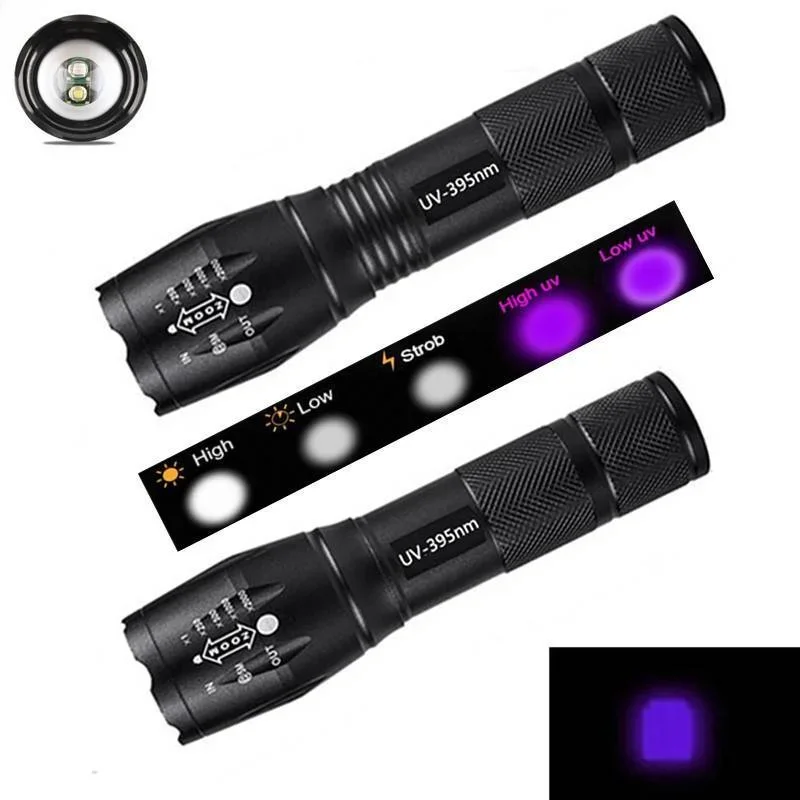 Purple White Dual Light Flashlight LED Ultraviolet Torch Zoom Retractable Flashlight Lamp Fluorescent Agent Detection Flashlight