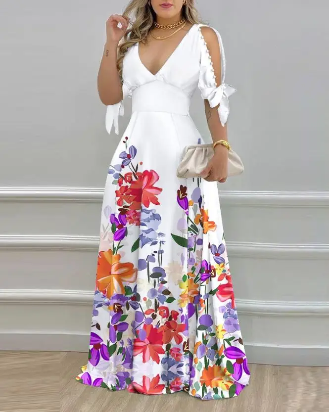 Dresses for Women 2023 Summer Casual Cold Shoulder Half Sleeve Floral Print Split Sleeve Pearls Decor Fashion A Line Maxi Dress