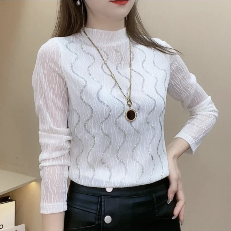 Elegant Fashion Diamonds Spliced Solid Color T-shirt Women\'s Clothing Winter Casual All-match Lace Long Sleeve Pullovers Tops