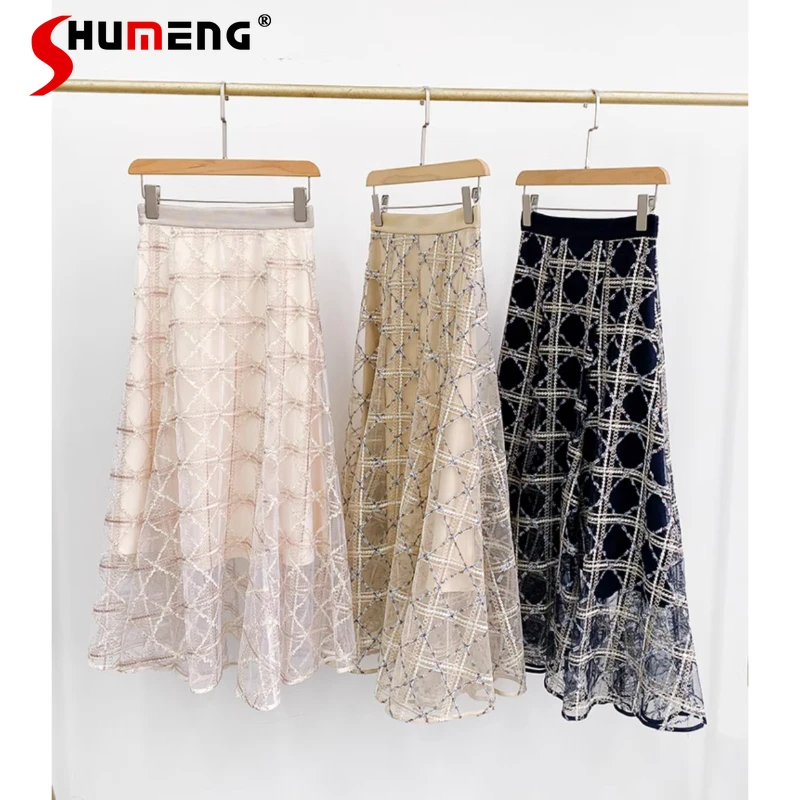 2024 Spring Summer New Women's Clothing Japanese Lolita Sweet Retro High Waist Embroidery Tulle Micro-Transparent Y2k Skirts