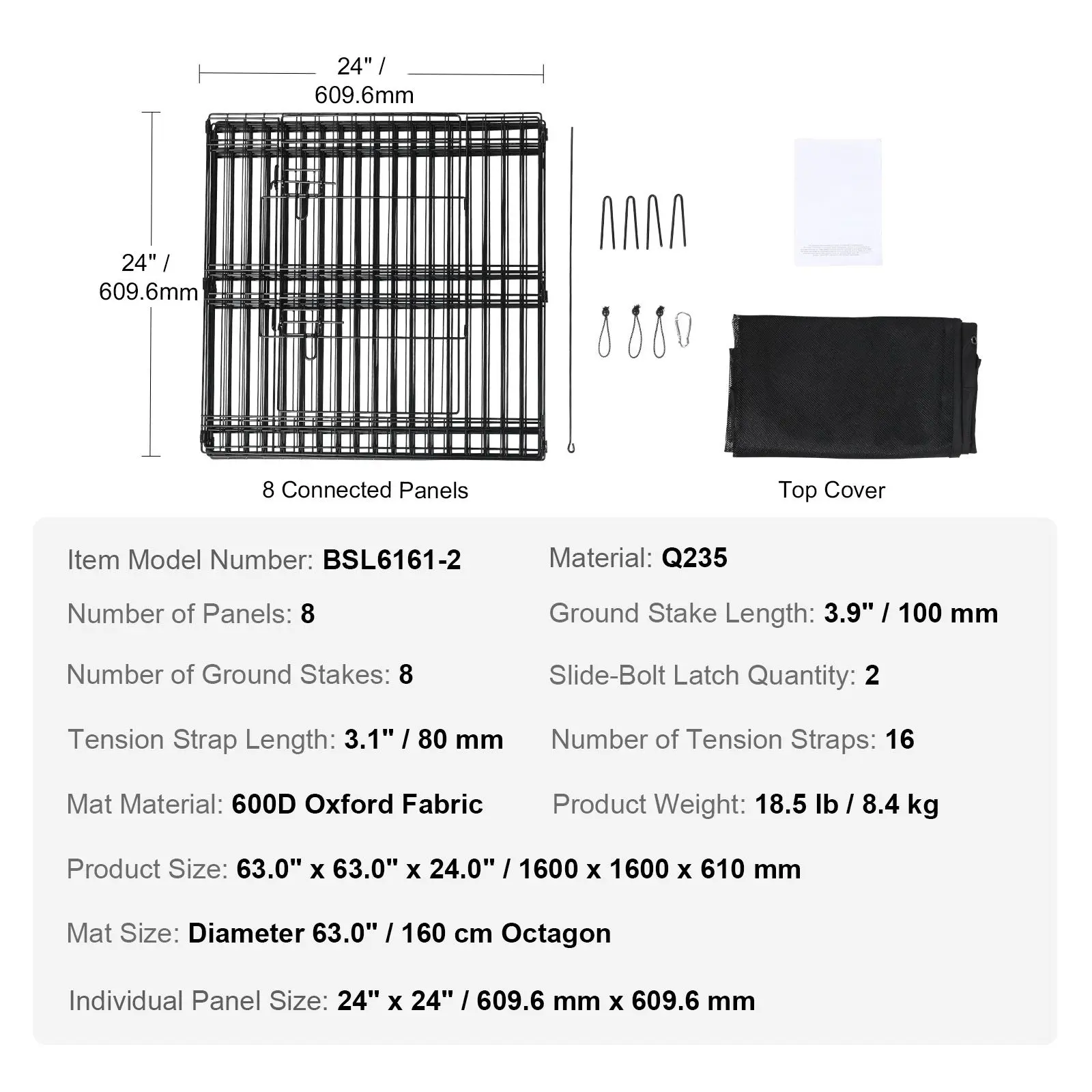 Dog Playpen, 8 Panels Foldable Metal Dog Exercise Pen with Top Cover, 24
