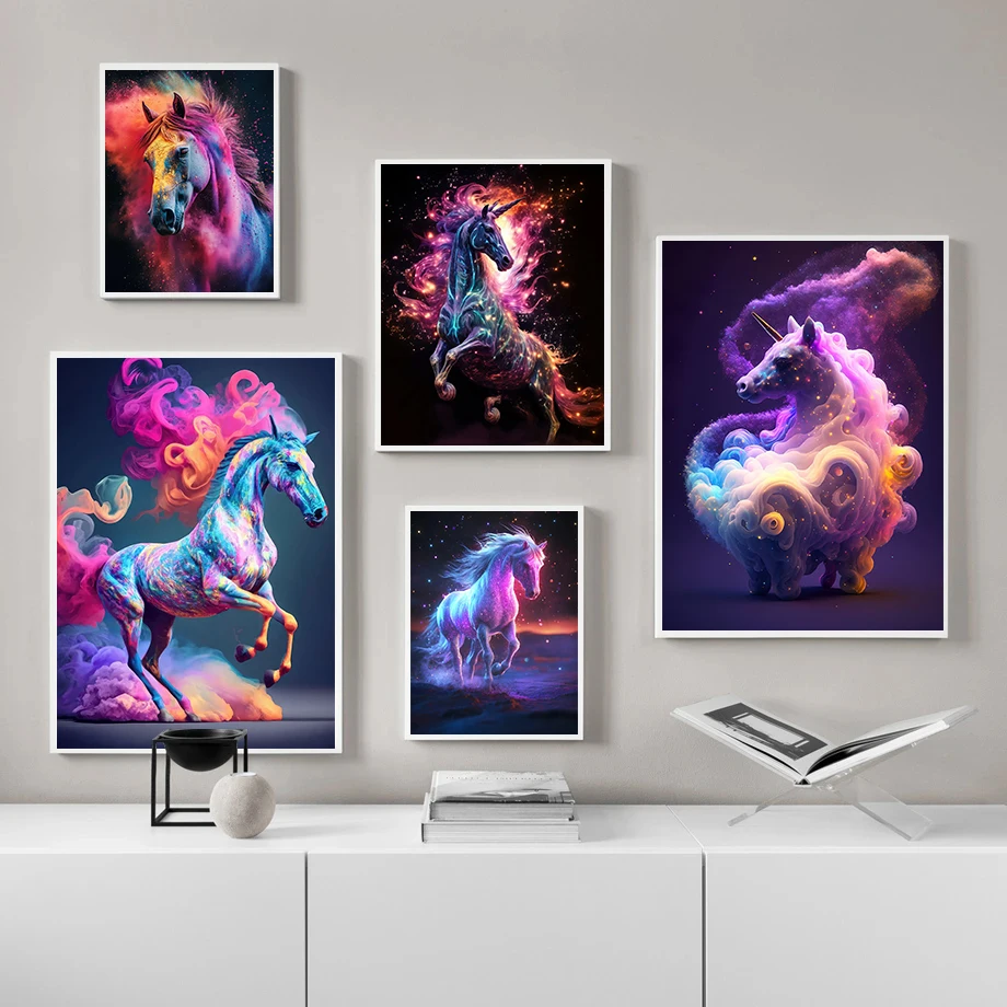Mystery Colorful Creativity Horse Posters Cosmic Cloud Modern Prints Canvas Painting Wall Art Pictures Home Living Room Decor