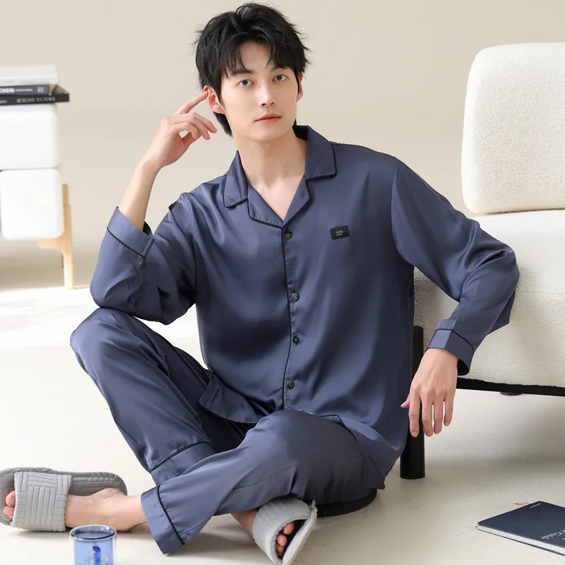 

Luxury Ice Silk Sleepwear for Men Spring Cardigan Long Sleeves Trousers Nightwear Big Size L-4XL Home Clothes Solid Loungewear