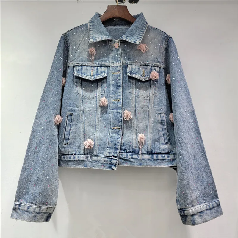 

Весенняя новая винтажная потертая синяя короткая джинсовая куртка женская мода с бриллиантами и бисером повседневная женская ковбойская верхняя одежда с лацканами и длинными рукавами