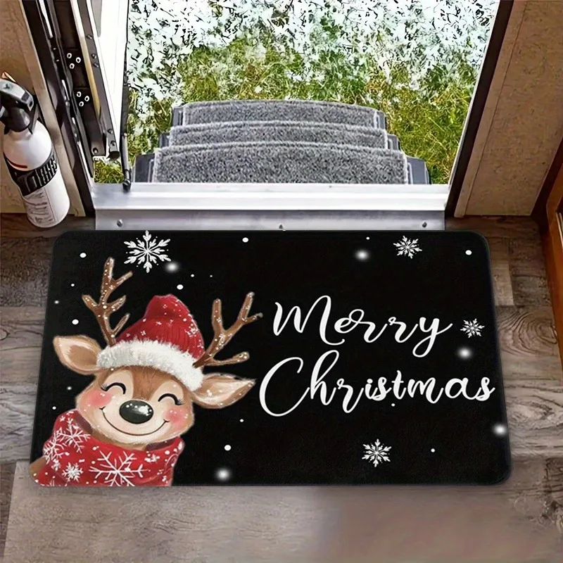 Cute Reindeer Christmas Flannel Door Mat Santa Hat Scarf Snowflake Merry Christmas Print Non‑Slip Rug for Indoor Holiday Decor