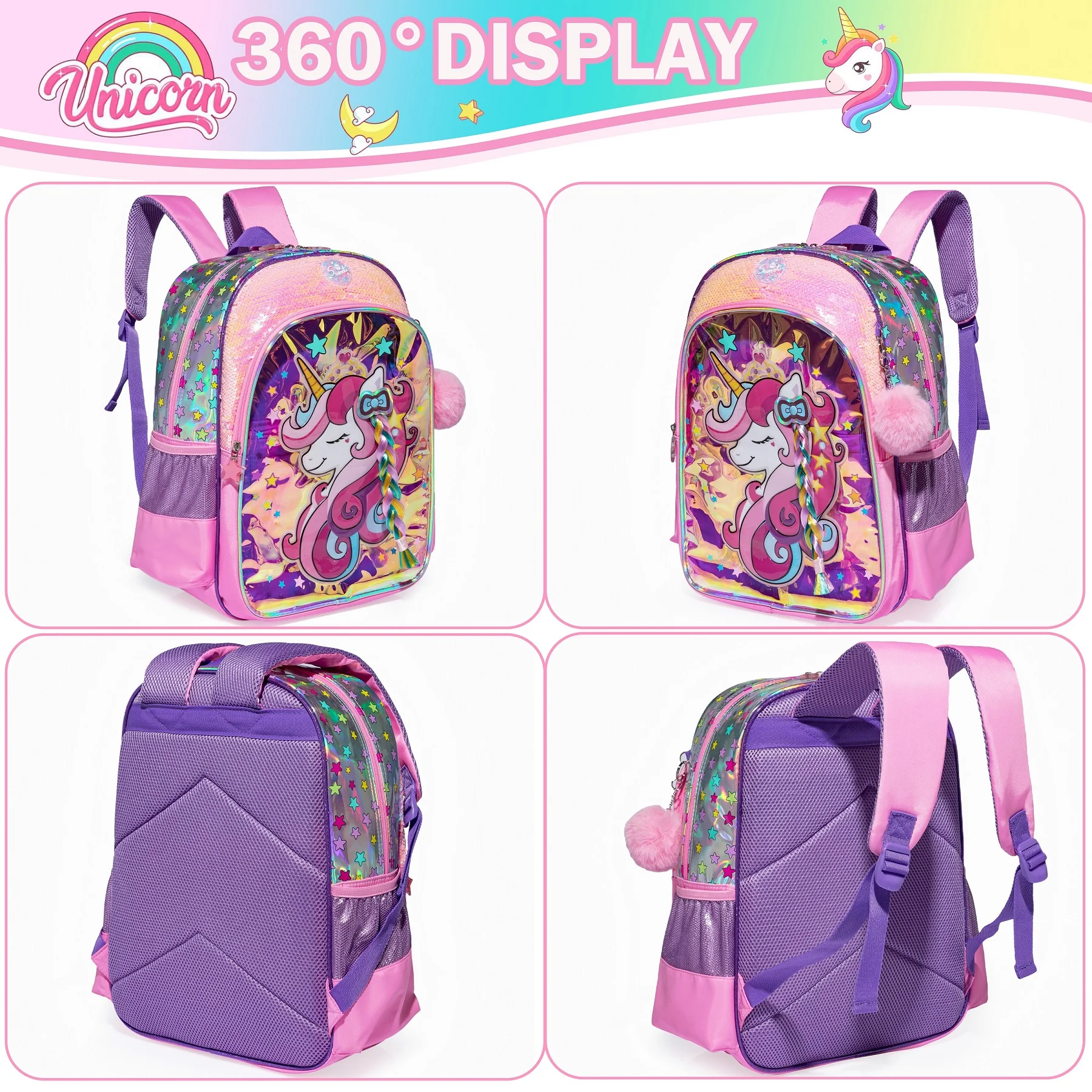 Unicorn School Backpacks for Girls with Lunch Bag Pencil Case Elementary Primary Backpack for Teen Girls