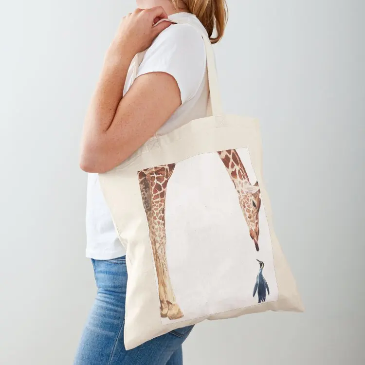 

Сумка-шоппер с рисунком пингвинов и жирафов в акварельном стиле, женская сумка для покупок, тканевая сумка, милая женская сумочка