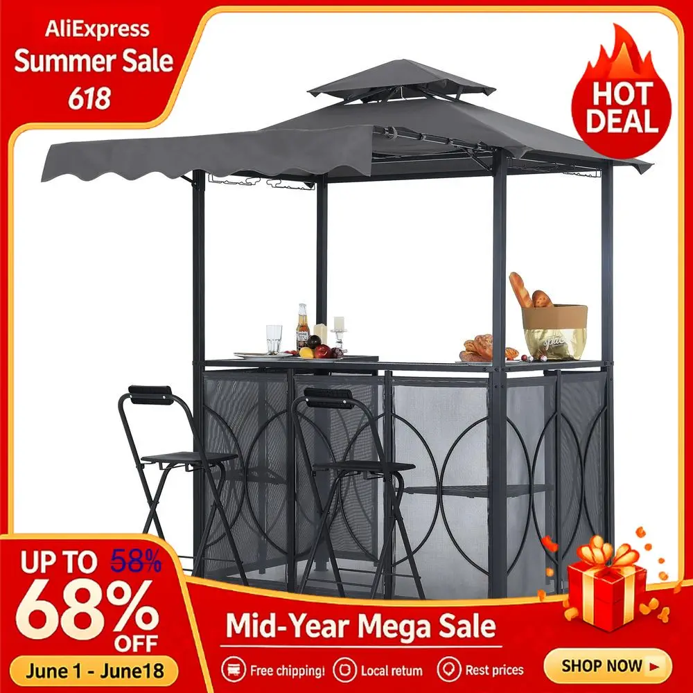 

Grill Gazebo Extra Awning 6.4x6.8 Outdoor BBQ Canopy Bar Table and 2 Foldable Chairs, Barbecue with LED Lights Awnings, Custom