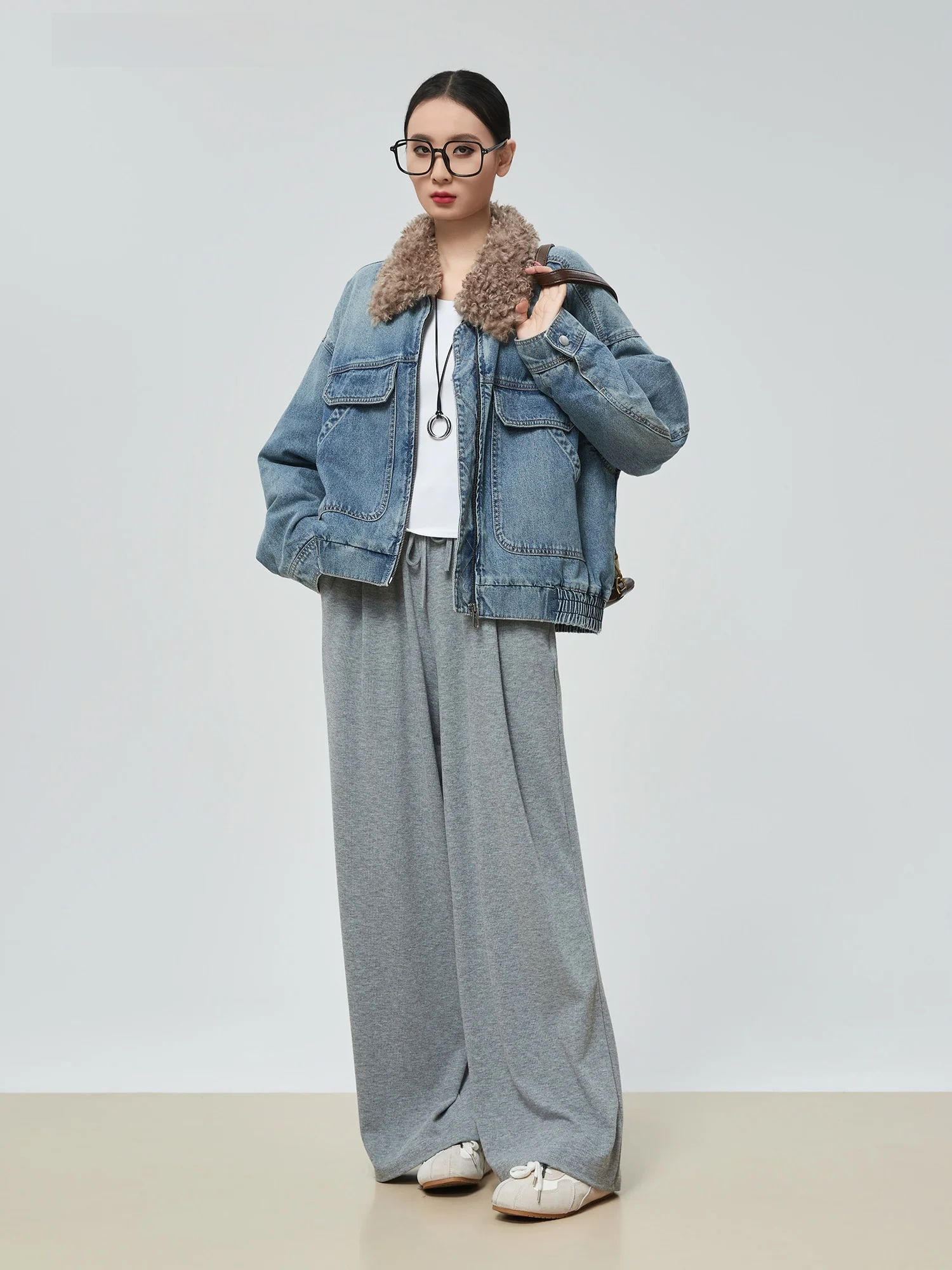 

Blue Workwear Sle Cotton Jaet Women's Removable Warm Fur Collar Thiened Top Trendy Polyester Fiber Long Sve Zipper