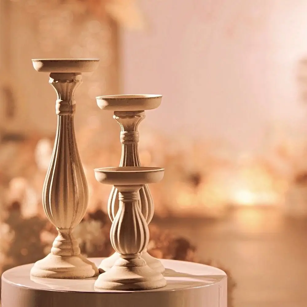 Three candlesticks antique wood white embryo decorative ornaments plain body home stay ins style photography props