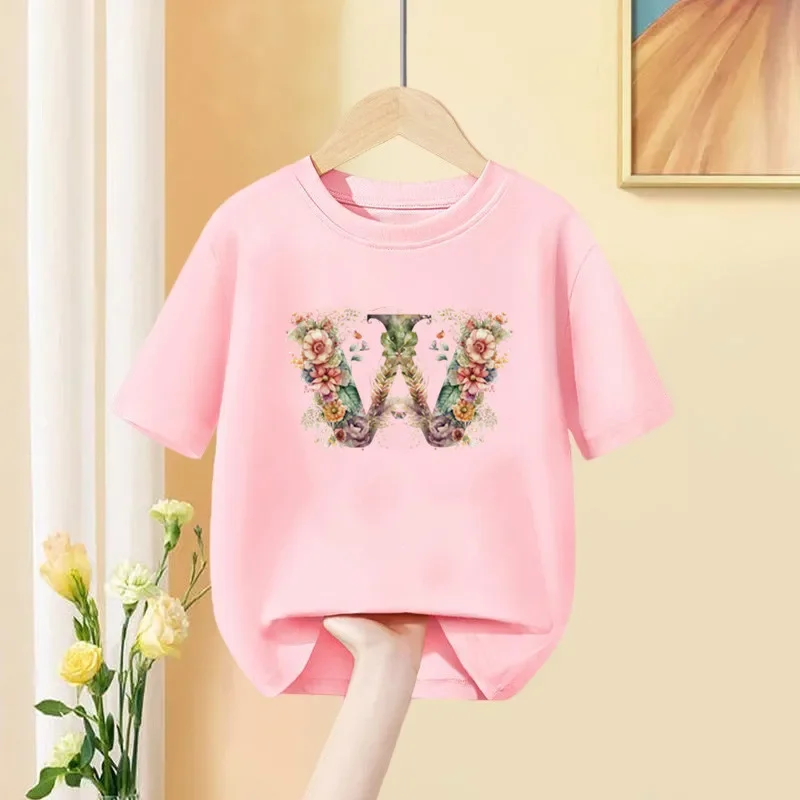 

Newly Kids T Shirt Custom Name Letter Combination Print Tshirt Flower Letter Font A B C D E F G Short Sleeve Kids Pink Tops