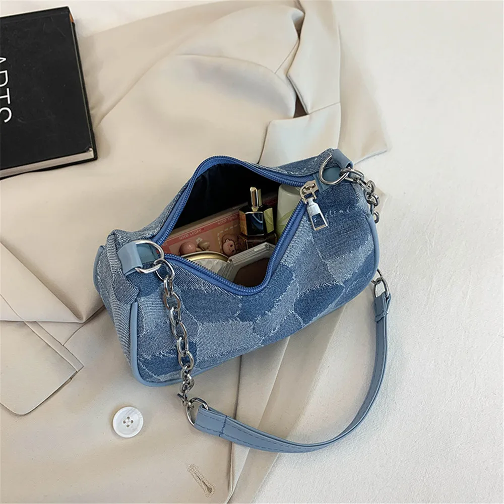 2023 New Fashion Small Square Bag Retro French Women Denim Plaid Pattern Totes Shoulder Bags Trend Female Underarm Chain Handbag