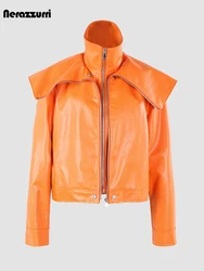 Nerazzurri-Chaqueta corta de cuero Pu para mujer, chaqueta holgada de estilo Vintage, color Naranja y negro, con cremallera, ropa de diseñador de lujo, Unisex, Otoño, 2023