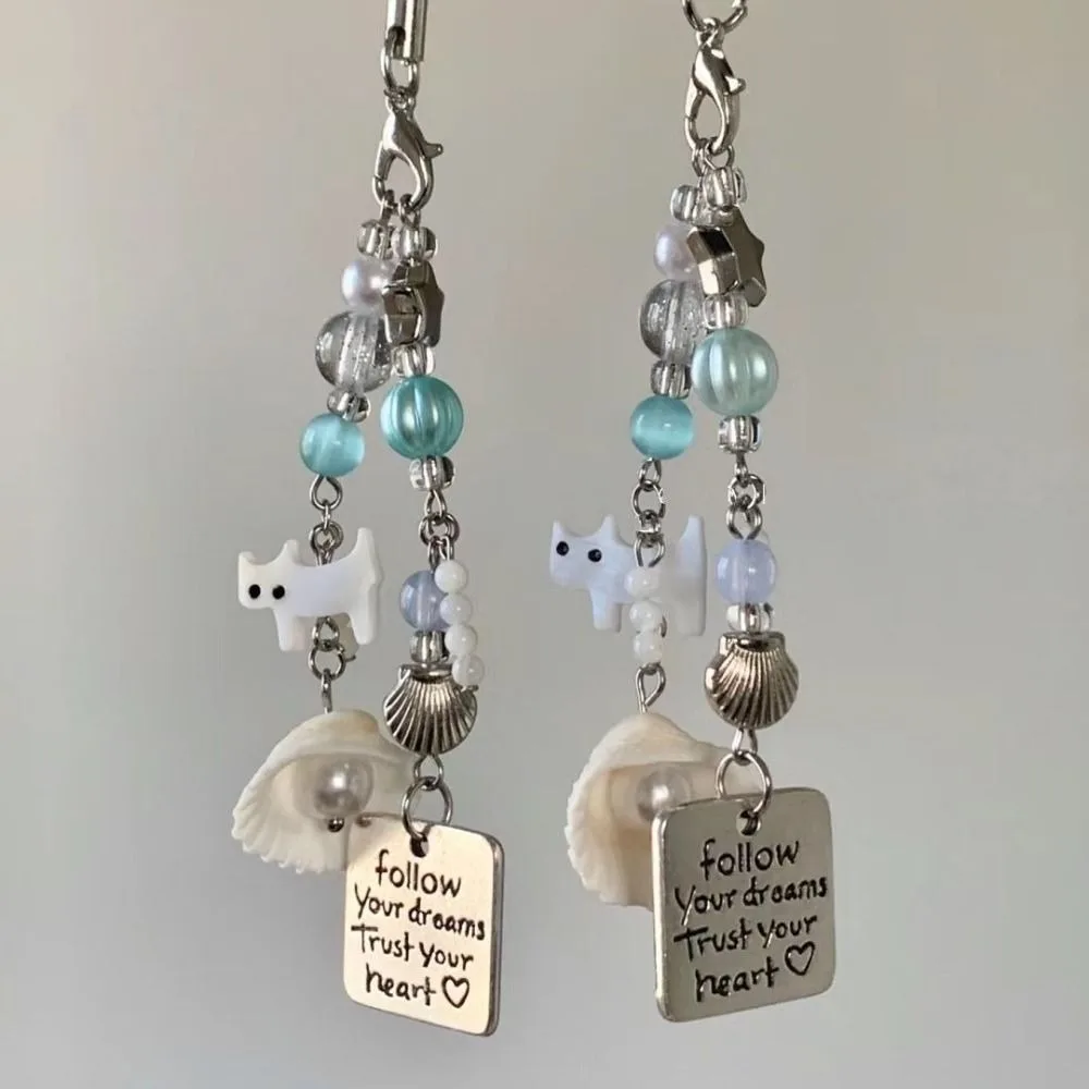 

5PCS Alloy Cat Shell Keychain Glass Bead Acrylic Shell Pearl Phone Lanyard Backpack Decor Imitation Pearl Beaded Cat Pendant