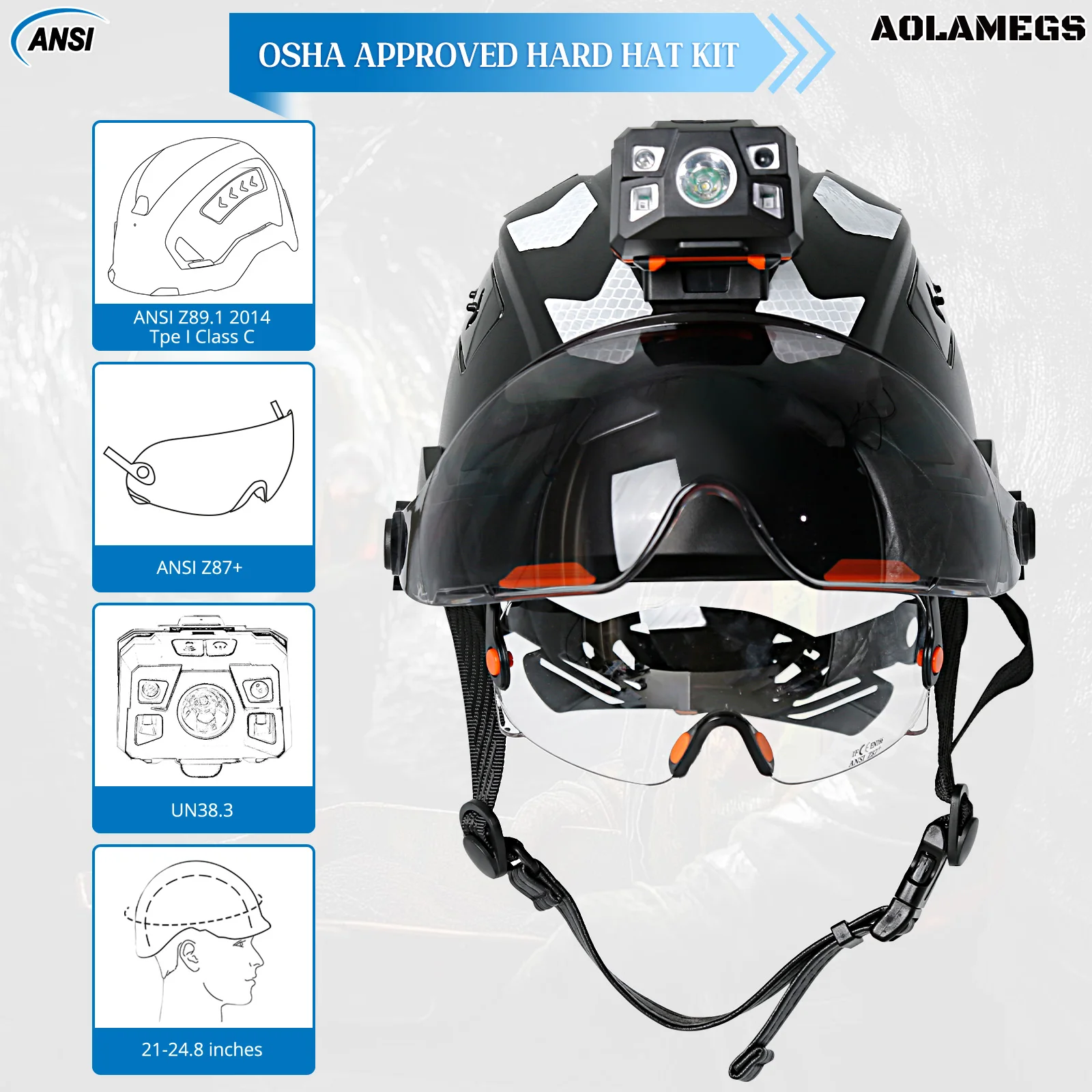 CE Construction Safety Helmet with Head Lamp Double Goggles Reflective Stickers ANSI Hard Hat Industrial Work Head Protection