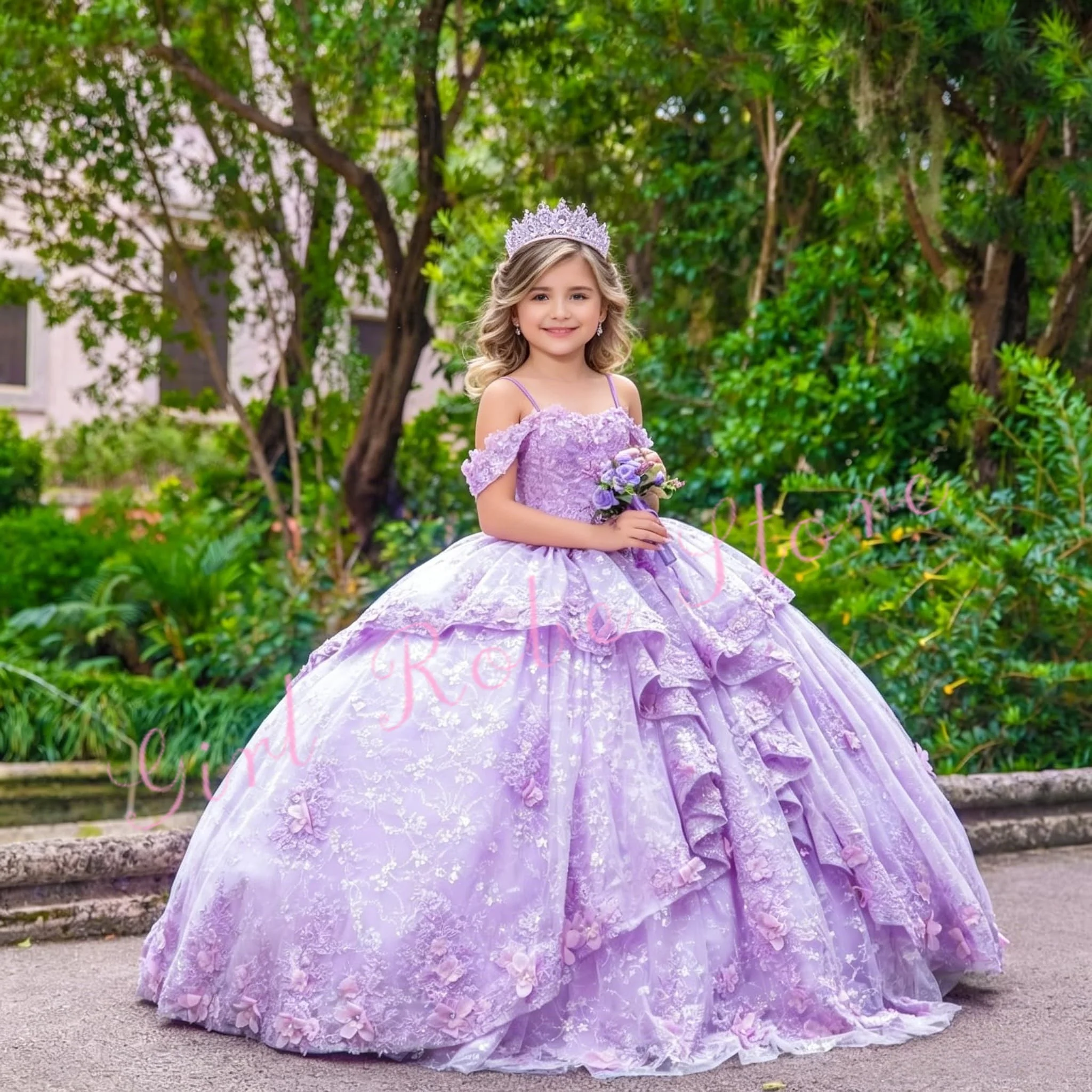 Gorgeous Lilac Flower Girl Dress Floral Appliques Off Shoulder Layered Luxury Princess Evening Party Birthday Gown Customized
