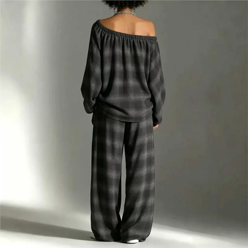 Autumn Casual Loose Plaid Two Piece Set For Women O Neck Long Sleeve Top + Wide Leg Pants Vacation Beach Wear 2Piece Set Outfits