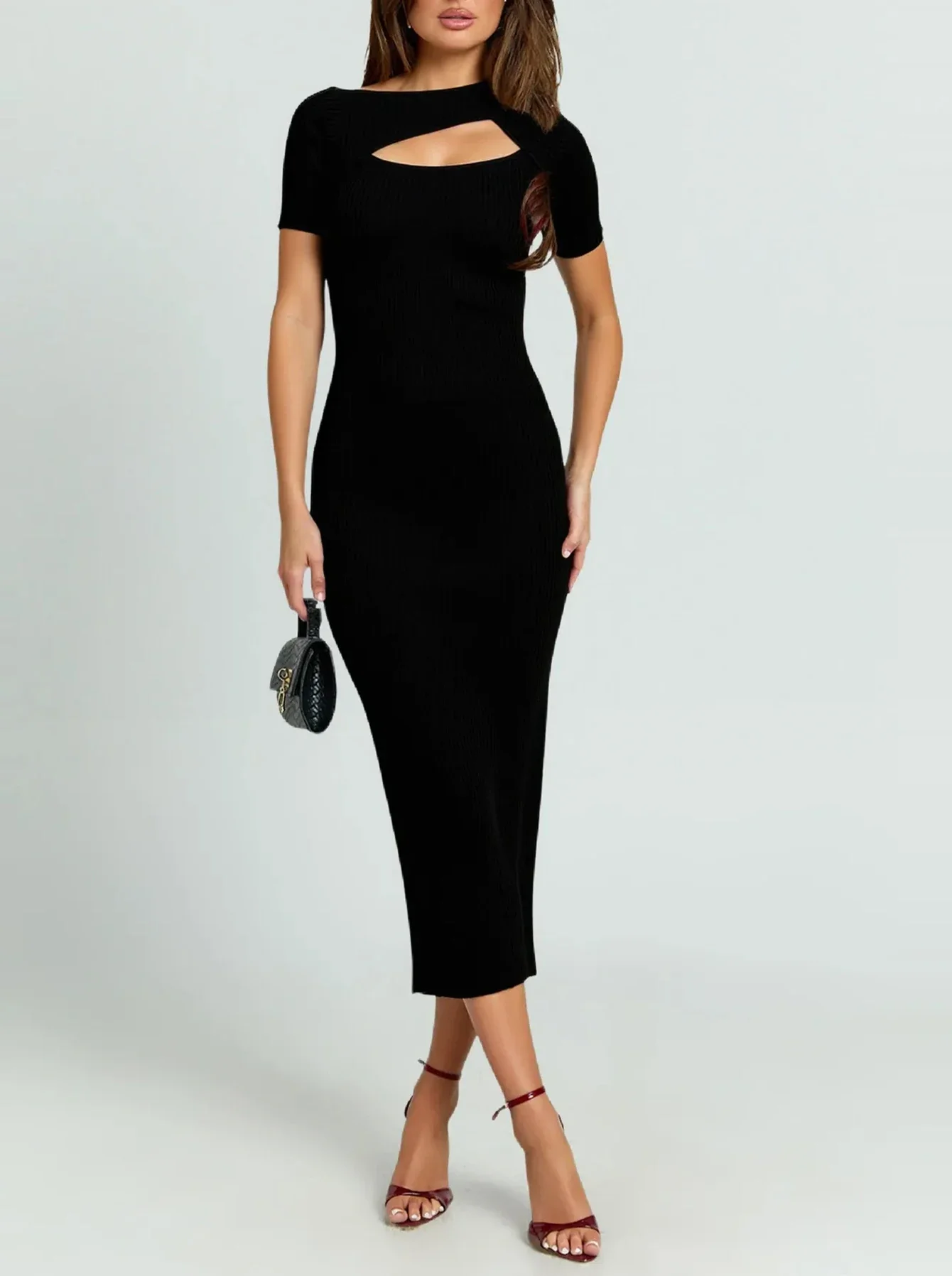 ملابس مكتب نسائية 2025 فستان ميدي أساسي حديث بتفاصيل مقصوصة وأكمام قصيرة ورقبة دائرية للأسلوب الاحترافي الآمن